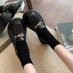 Black Retro College Style Golden Buckle Thick Sole Shoes