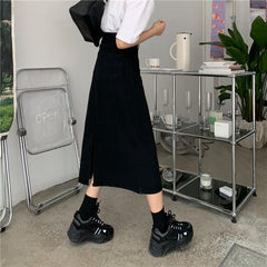 Black Retro Denim High Waist Long Skirt