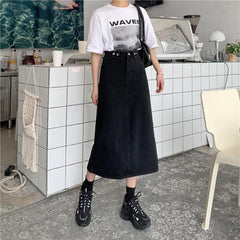 Black Retro Denim High Waist Long Skirt