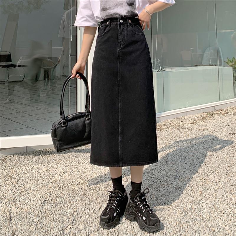 Black Retro Denim High Waist Long Skirt