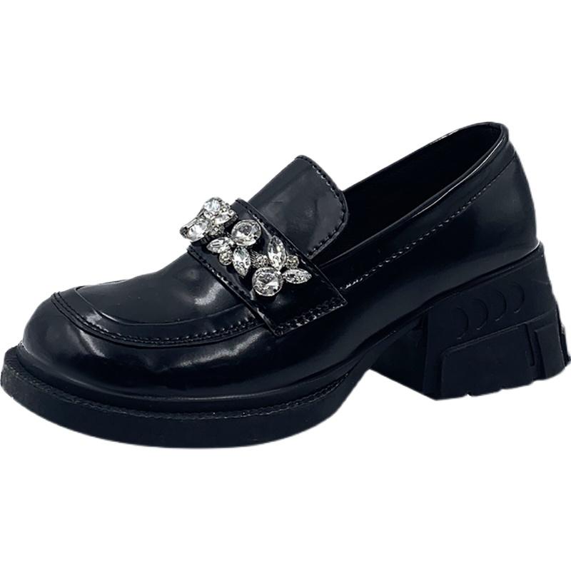 Black Rhinestones Band Thick Mid-Heel Loafers Shoes