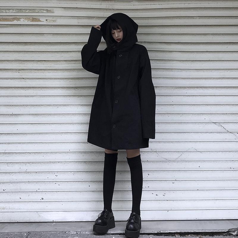 Black Simple Goth Aesthetic Loose Hooded Coat Jacket