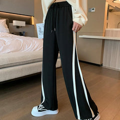 Black Sporty Side Lines Comfy High Waist Loose Pants