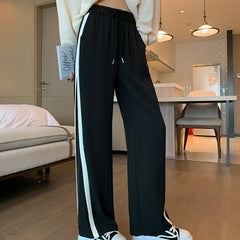 Black Sporty Side Lines Comfy High Waist Loose Pants