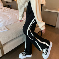 Black Sporty Side Lines Comfy High Waist Loose Pants