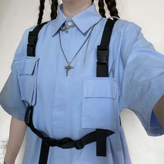 Black Straps Casual Collar Short Sleeve Blue Loose Shirt