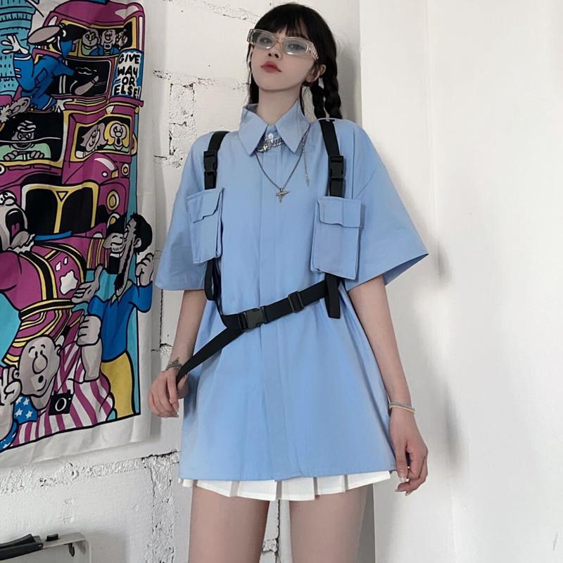 Black Straps Casual Collar Short Sleeve Blue Loose Shirt