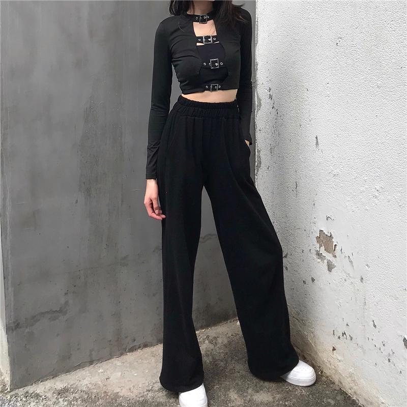 Black Straps Top Long Sleeve Shirt