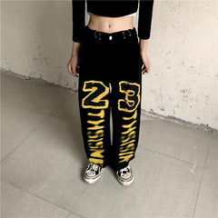 Black Street Style Yellow Letters Print Loose Denim Pants