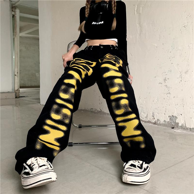 Black Street Style Yellow Letters Print Loose Denim Pants