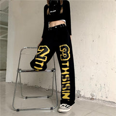 Black Street Style Yellow Letters Print Loose Denim Pants