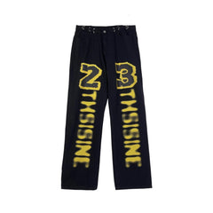 Black Street Style Yellow Letters Print Loose Denim Pants