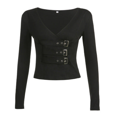 Black Techwear Buckles Aesthetic Long Sleeved Crop Top