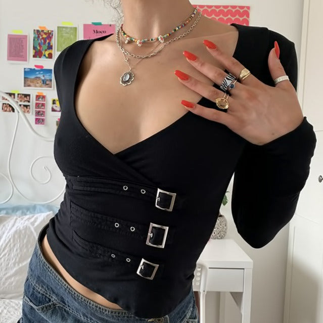 Black Techwear Buckles Aesthetic Long Sleeved Crop Top