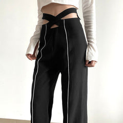 Black Techwear Cut Out Waist Straight Trousers