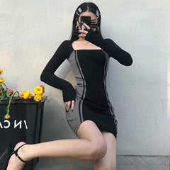 Black Teenage Fashion Square Collar Slim Dress