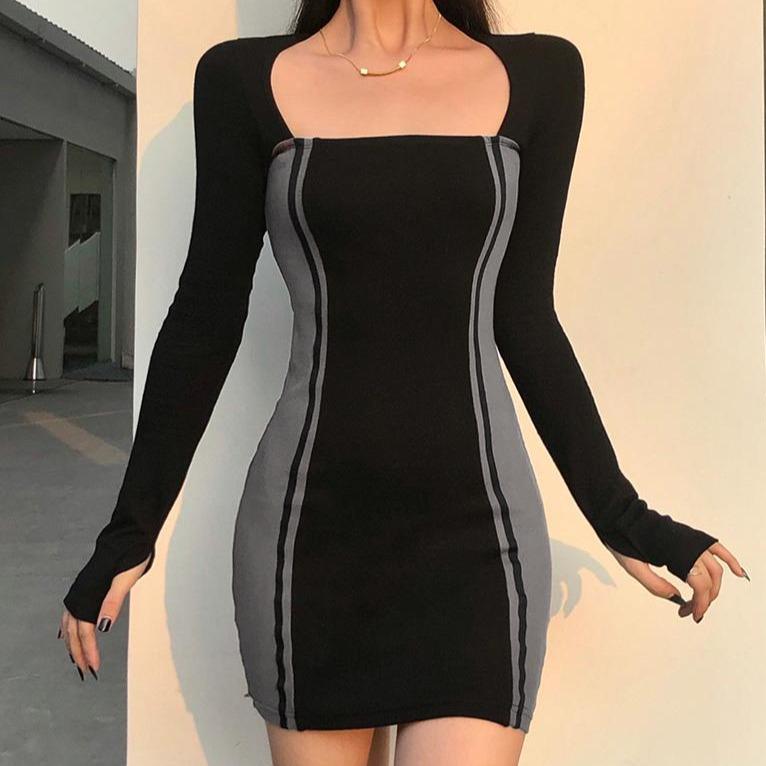 Black Teenage Fashion Square Collar Slim Dress