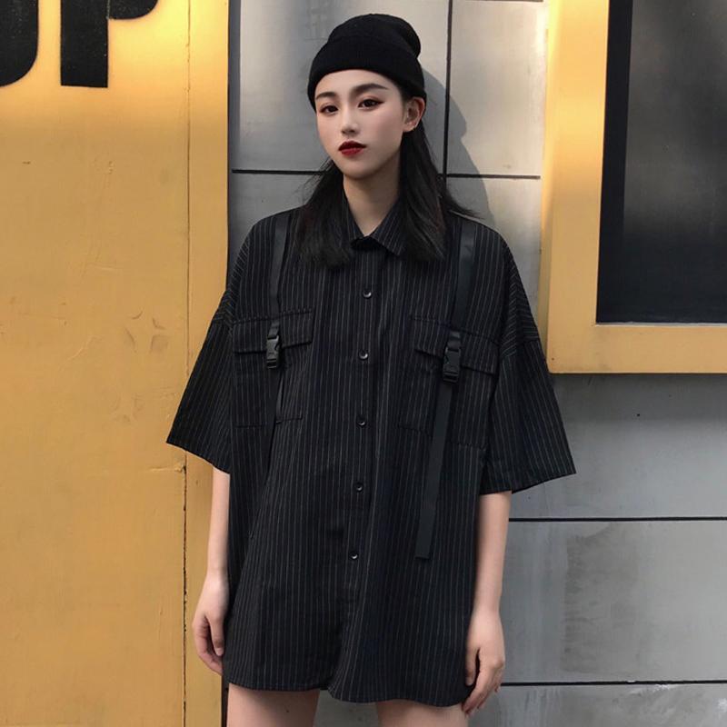 Black Thin Stripes Turn Down Collar Short Sleeve Shirt