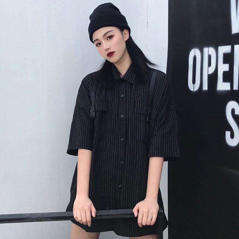 Black Thin Stripes Turn Down Collar Short Sleeve Shirt