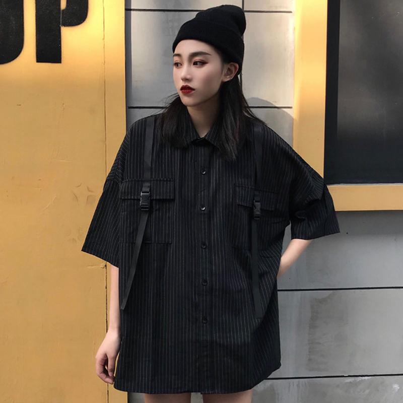 Black Thin Stripes Turn Down Collar Short Sleeve Shirt