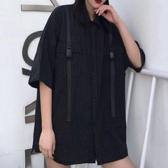 Black Thin Stripes Turn Down Collar Short Sleeve Shirt