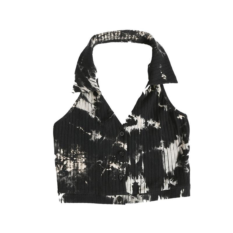 Black Tie Dye 90S Aesthetic Knit Slim Halter Top