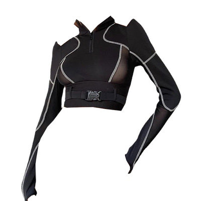 Black Transparent Techwear Cutout Zipper Collar Crop Top