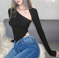 Black Uneven Chain Two Piece Sleeves + One Shoulder Top