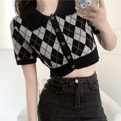 Black White Argyle Pattern Knit Crop Cardigan