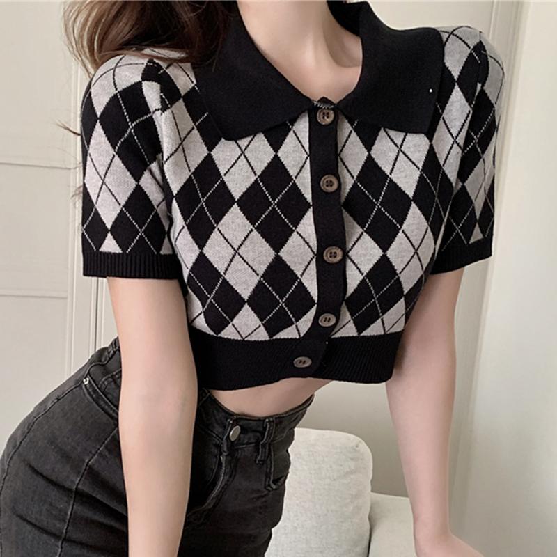 Black White Argyle Pattern Knit Crop Cardigan