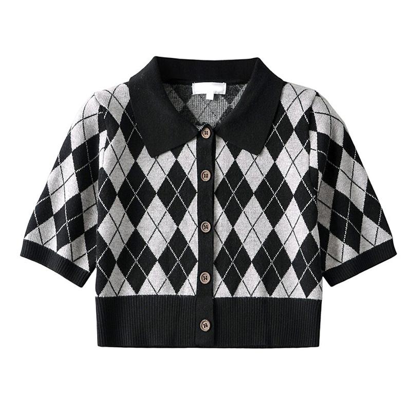 Black White Argyle Pattern Knit Crop Cardigan