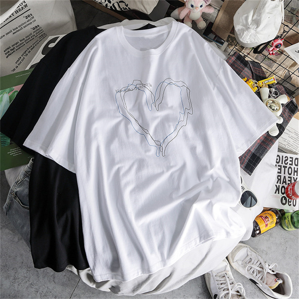 Black White Art Aesthetic Heart Print Oversized T-shirt