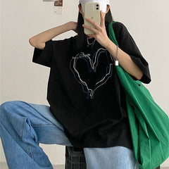 Black White Art Aesthetic Heart Print Oversized T-shirt