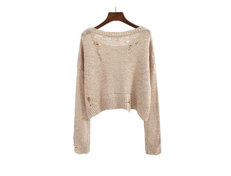 Black White Beige Knit Ripped Holes Crop Sweaters