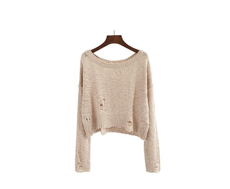 Black White Beige Knit Ripped Holes Crop Sweaters