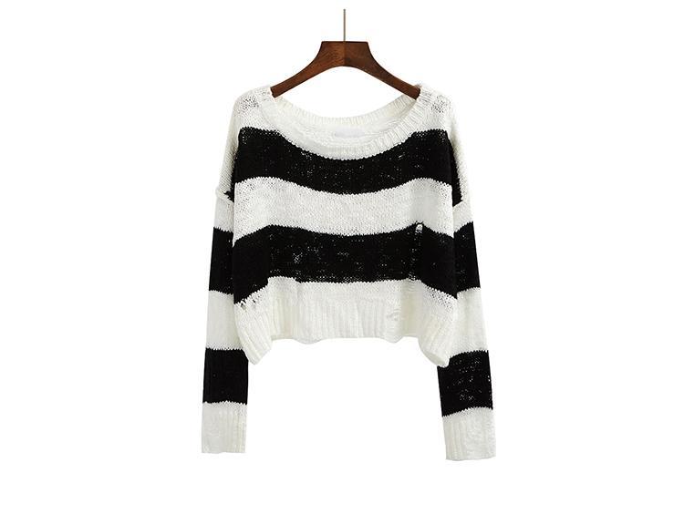 Black White Beige Knit Ripped Holes Crop Sweaters