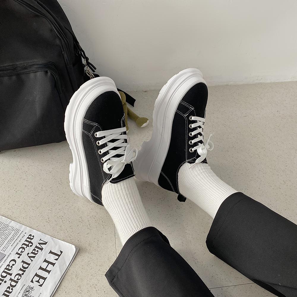 Black White Canvas Stitching Thick Platform Sneakers