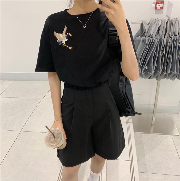 Black White Crane Embroideries Loose T-Shirt