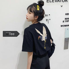 Black White Crane Embroideries Loose T-Shirt