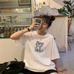 Black White Cute Cat Embroideri Oversized T-Shirt