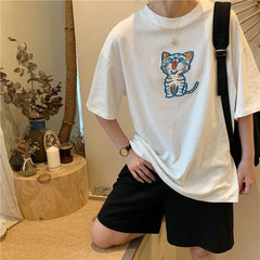 Black White Cute Cat Embroideri Oversized T-Shirt