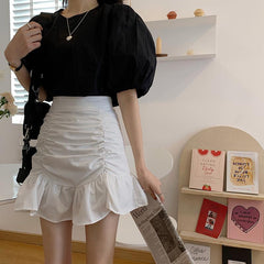 Black White Drawstring High Waist Frilly Mini Skirt