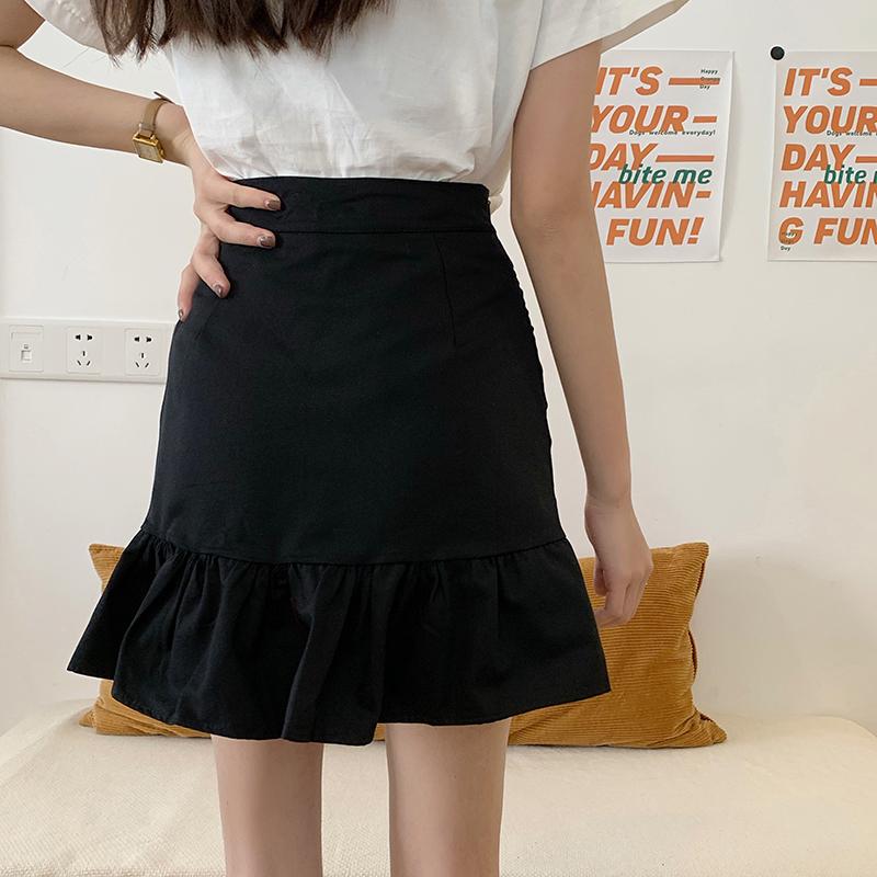 Black White Drawstring High Waist Frilly Mini Skirt