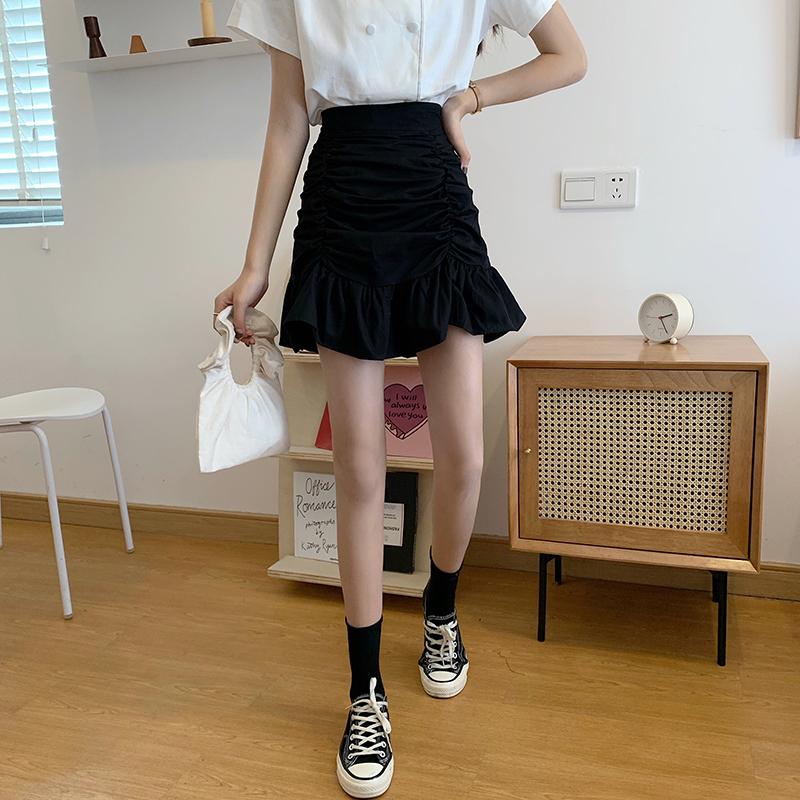 Black White Drawstring High Waist Frilly Mini Skirt