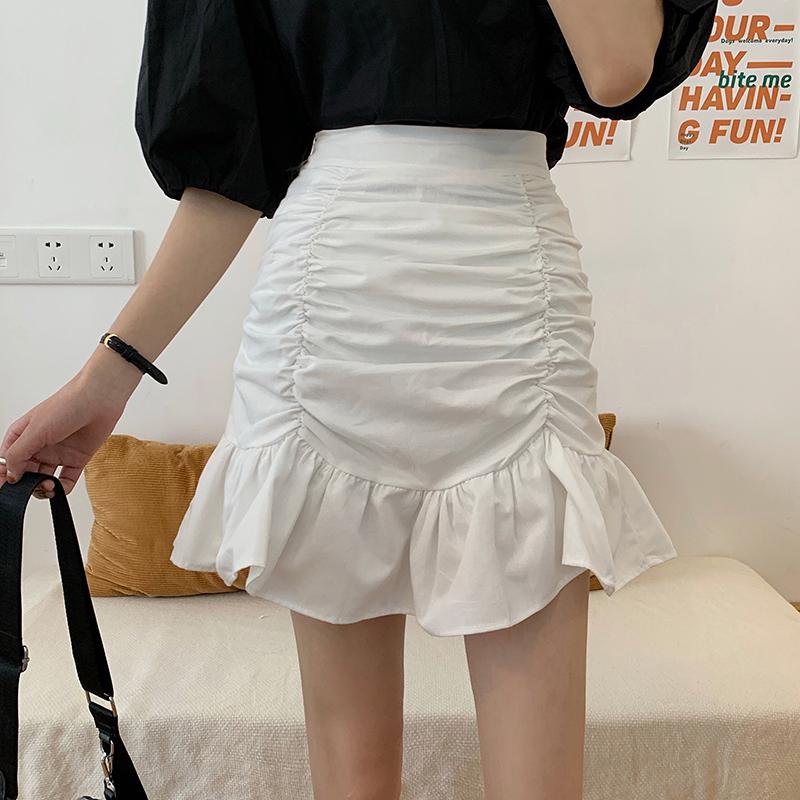 Black White Drawstring High Waist Frilly Mini Skirt