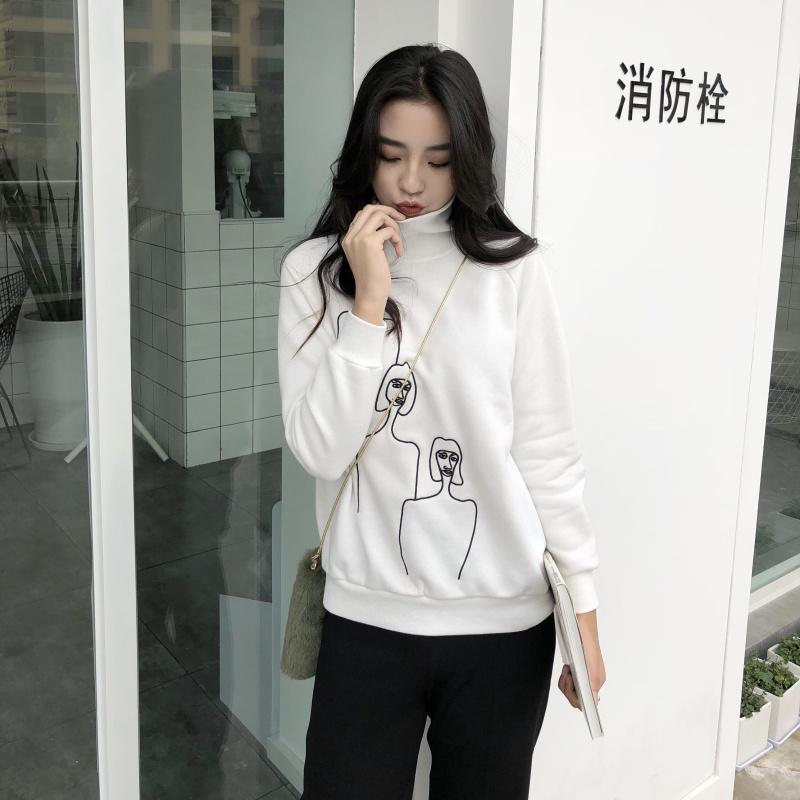 Black White High Neck Paint Women Figures Long Sleeve Sweatshirt