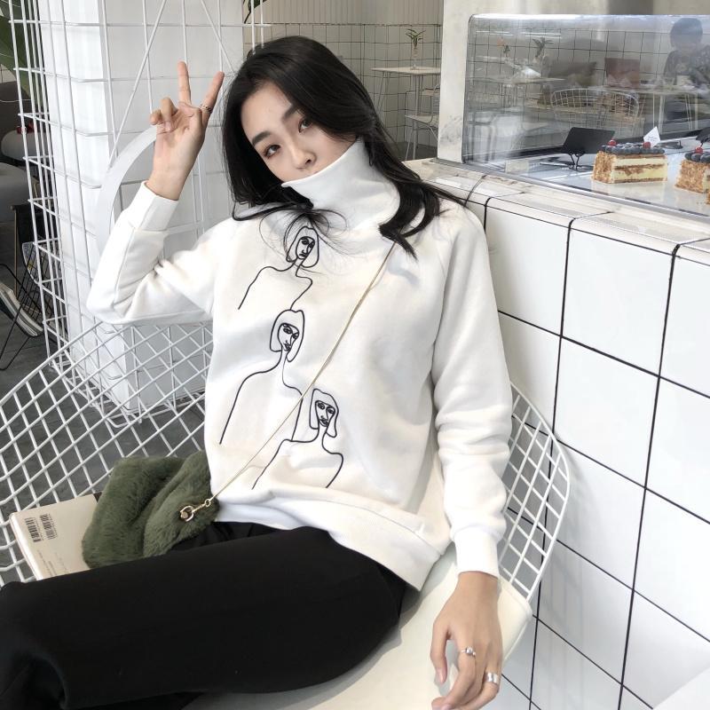 Black White High Neck Paint Women Figures Long Sleeve Sweatshirt