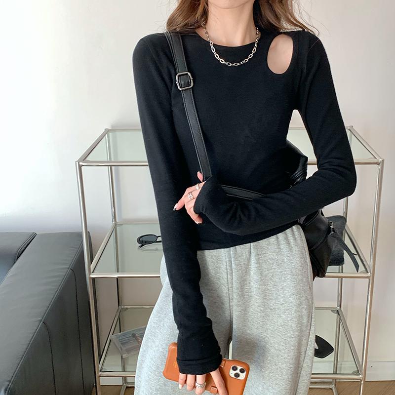 Black White Hollow Out Long Sleeved Slim Top