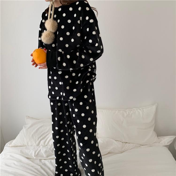 Black White Plush Comfy Polka Dot 2 Piece Pajama Set