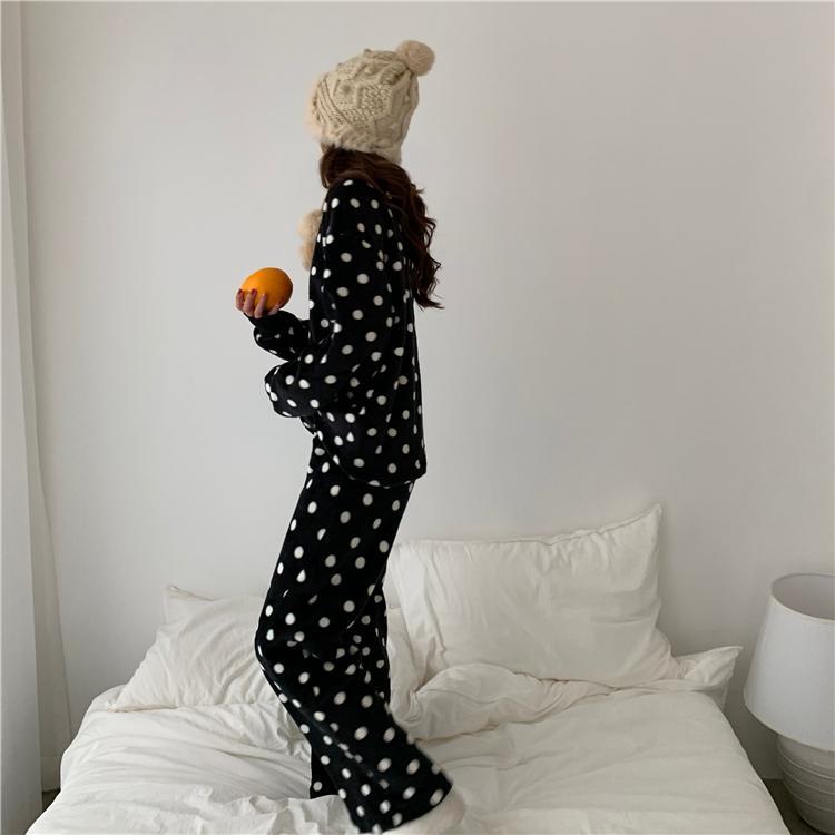 Black White Plush Comfy Polka Dot 2 Piece Pajama Set